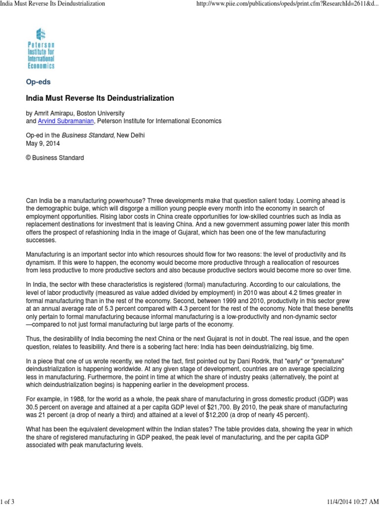 Subramanian Amirapu India Must Reverse Deindustrialization PDF