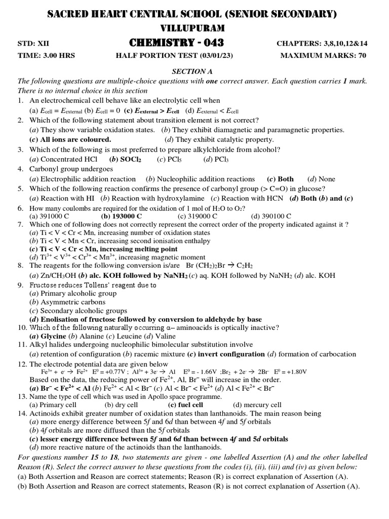 XII CHEM RT - 9 Answer Key | PDF | Transition Metals | Acid
