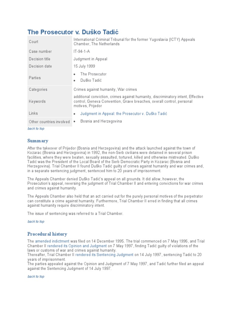 Tadić Appeal Judgment Overview | PDF | Common Law | Criminal Justice