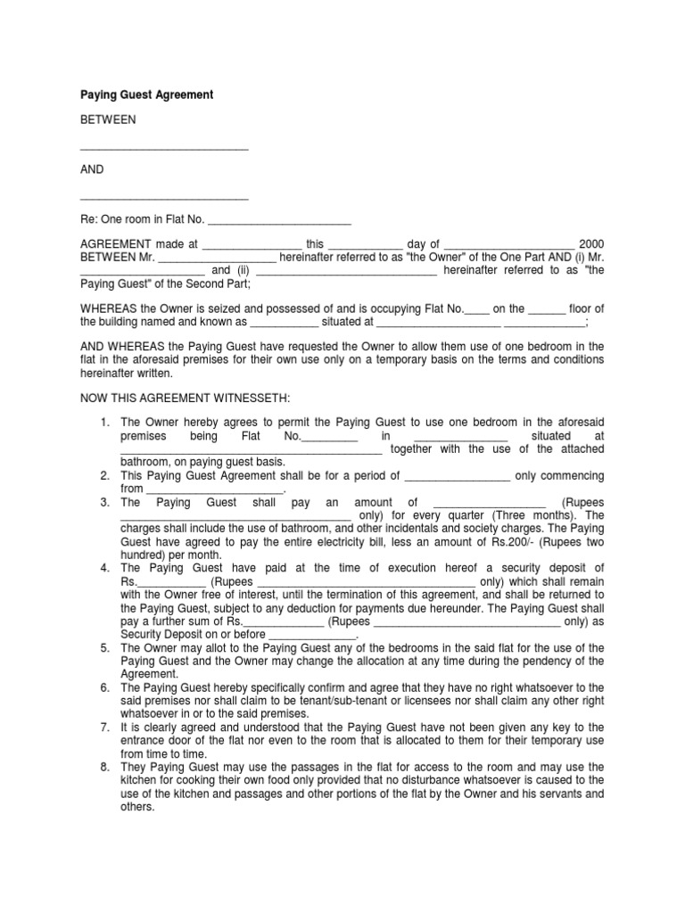 Paying Guest Agreement PDF