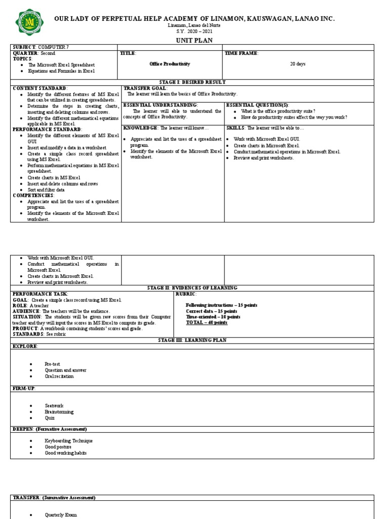 UNIT PLAN Computer 7 2nd Q. 2020-2021 | PDF | Microsoft Excel | Spreadsheet