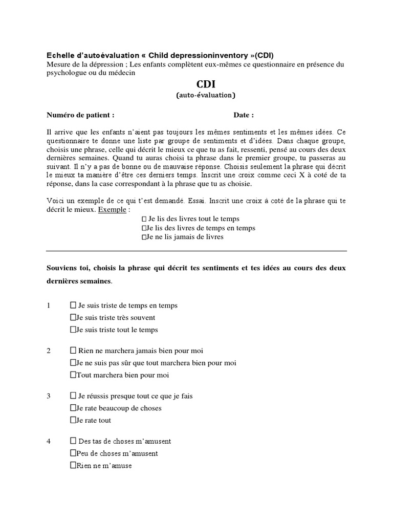 Questionnaire CDI sur la dépression enfant | PDF | Développement personnel