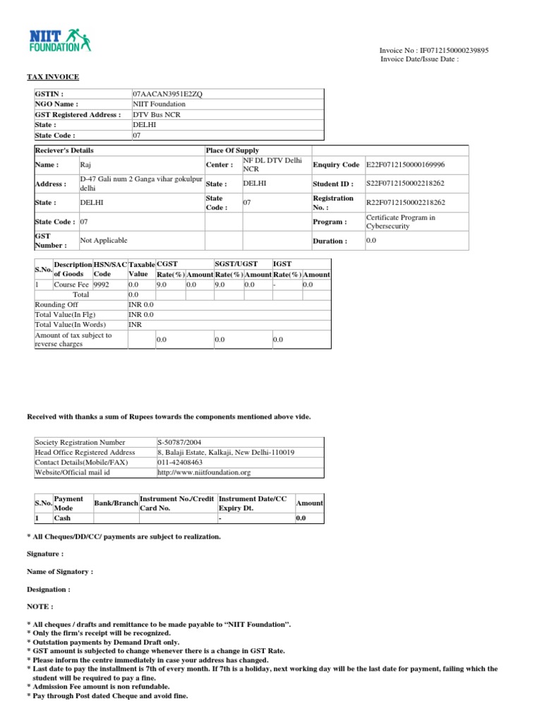 NIIT Foundation GST Invoice Details | PDF | Payments | Invoice