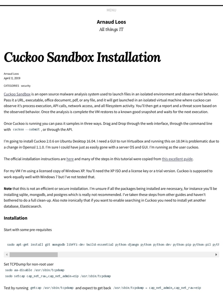Cuckoo Sandbox Installation Arnaud Loos PDF Computer Engineering