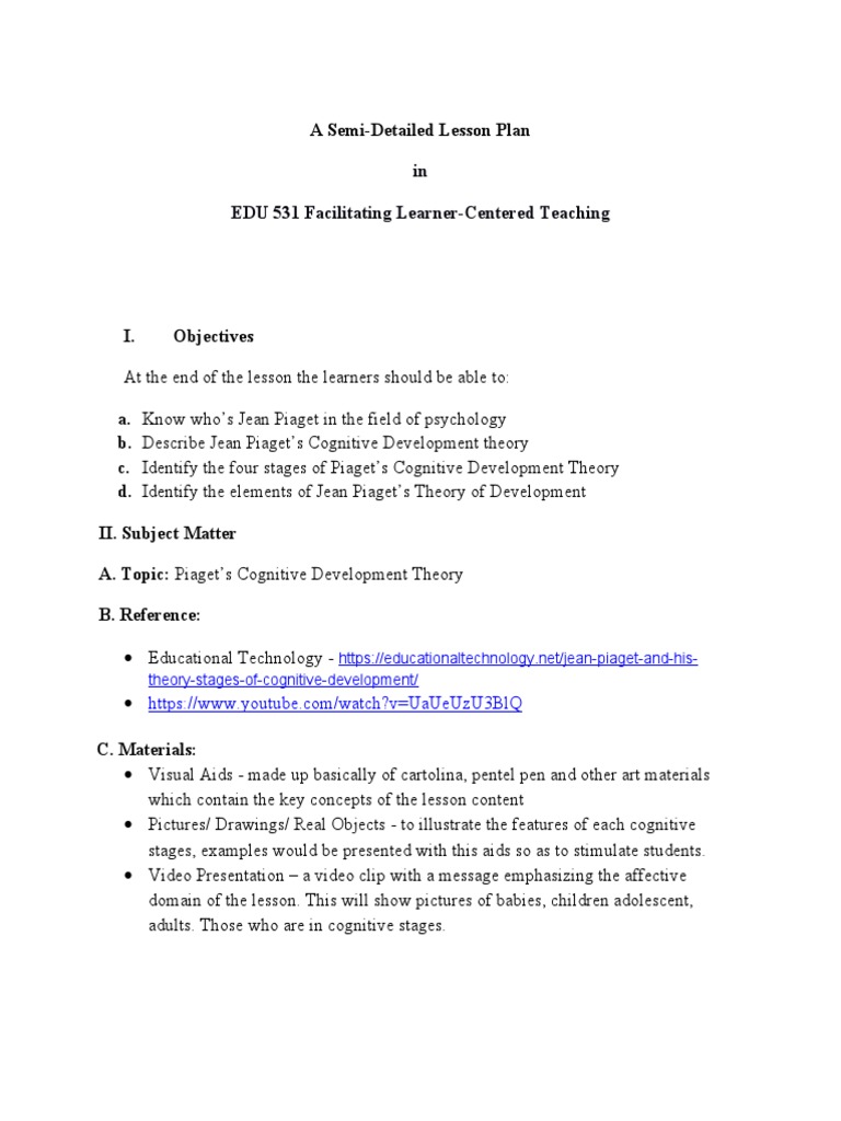 Group 2 Piaget Cognitive Development A Semi Detailed Lesson Plan 1 ...