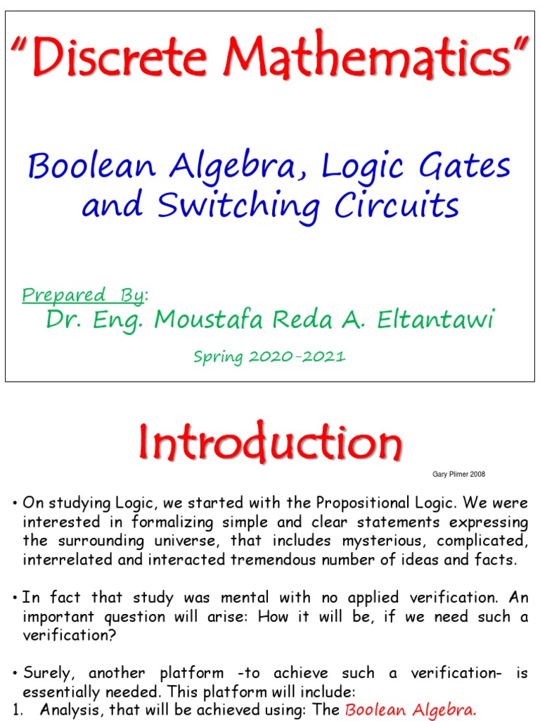 Boolean Algebra Logic Gates Switching Circuits Notes Problems 00