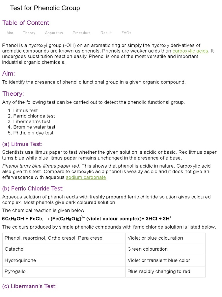 Qualitative Test For Phenol PDF Acid Sulfuric Acid
