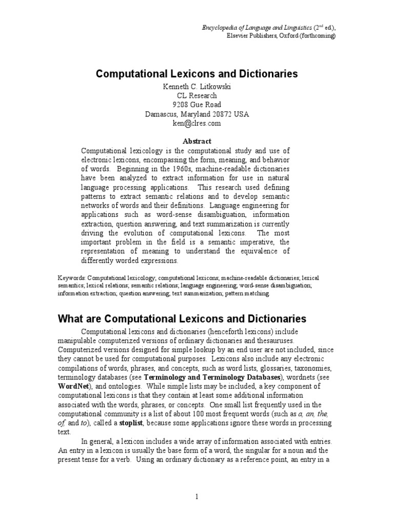 Computational Lexicons and Dictionaries | PDF | Lexicon | Lexicography