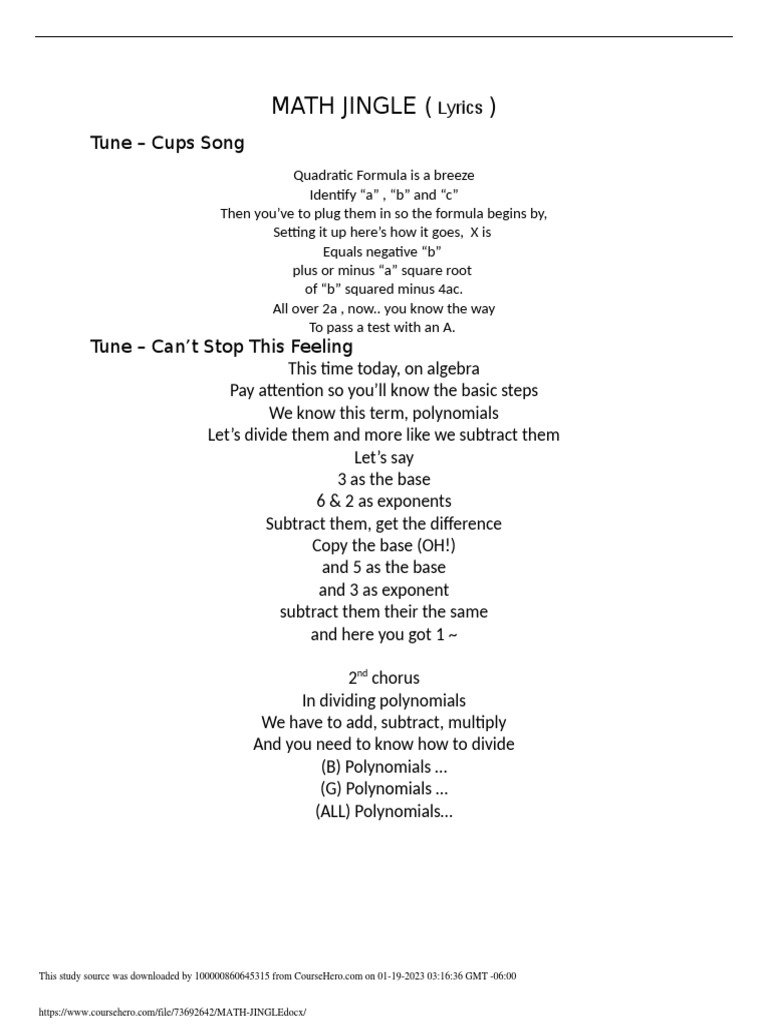 Math jingle lyrics quadratic formula polynomials PDF Polynomial