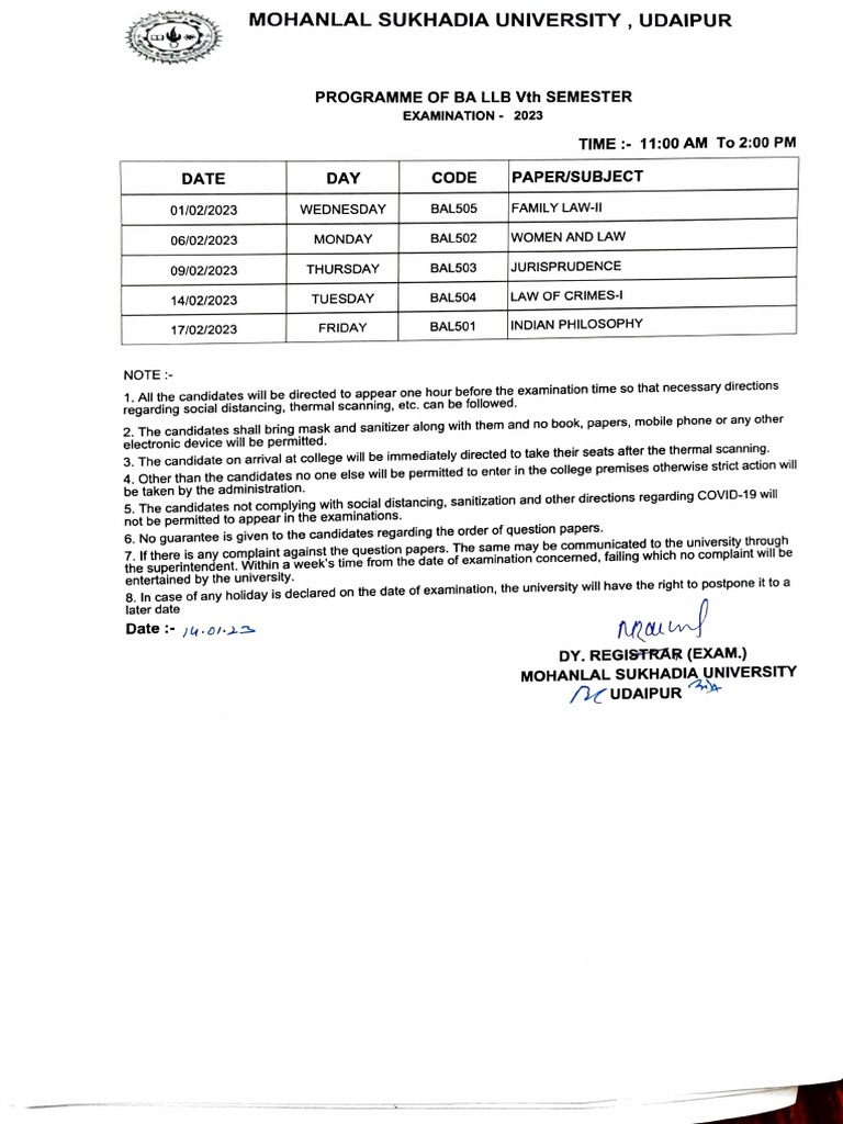 BA LLB Vth Semester Exam Schedule 2023 | PDF