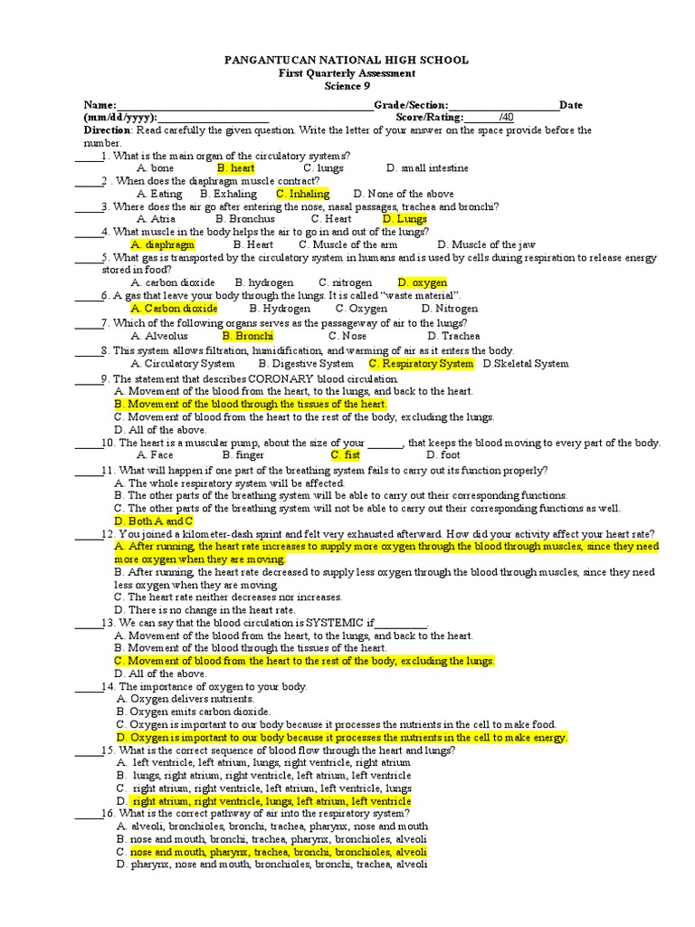 Grade 9 Science 1st Quarter Exam Key | PDF | Respiratory System | Lung