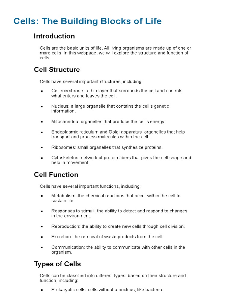 Cells - The Building Blocks of Life | PDF