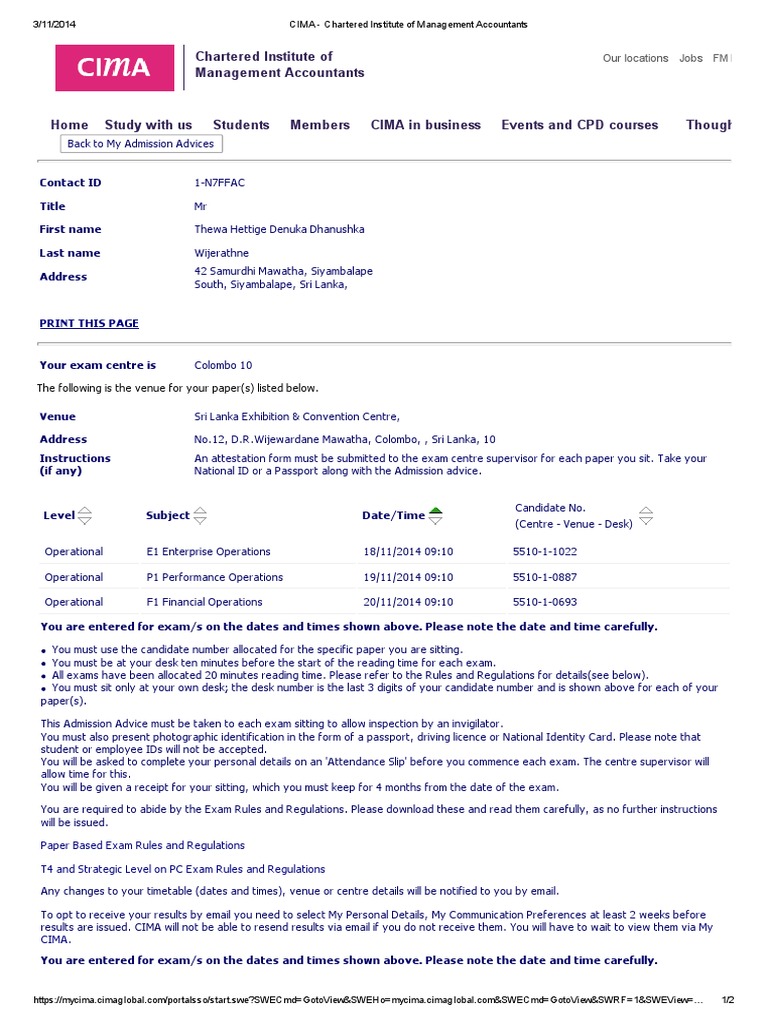 CIMA Exam Admission Instructions | PDF | Identity Document | Government ...