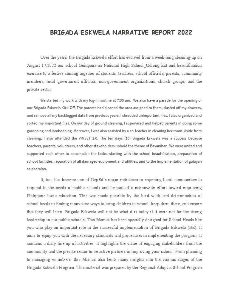 Brigada Eskwela Narrative Report