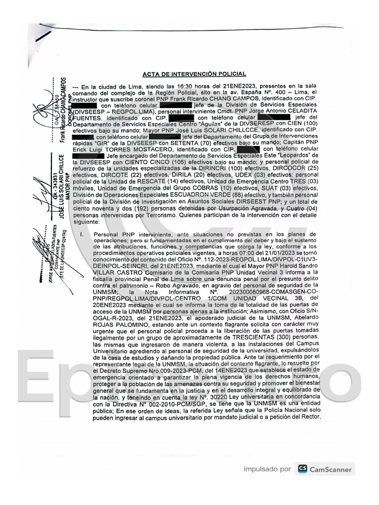 Acta de intervención a la Universidad Nacional Mayor de San Marcos por la PNP