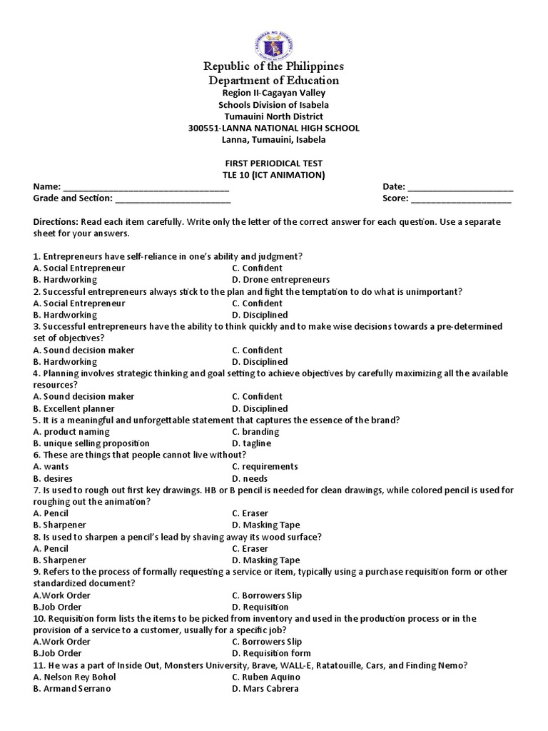Lanna National High School TLE 10 ICT Animation Periodical Test | PDF ...