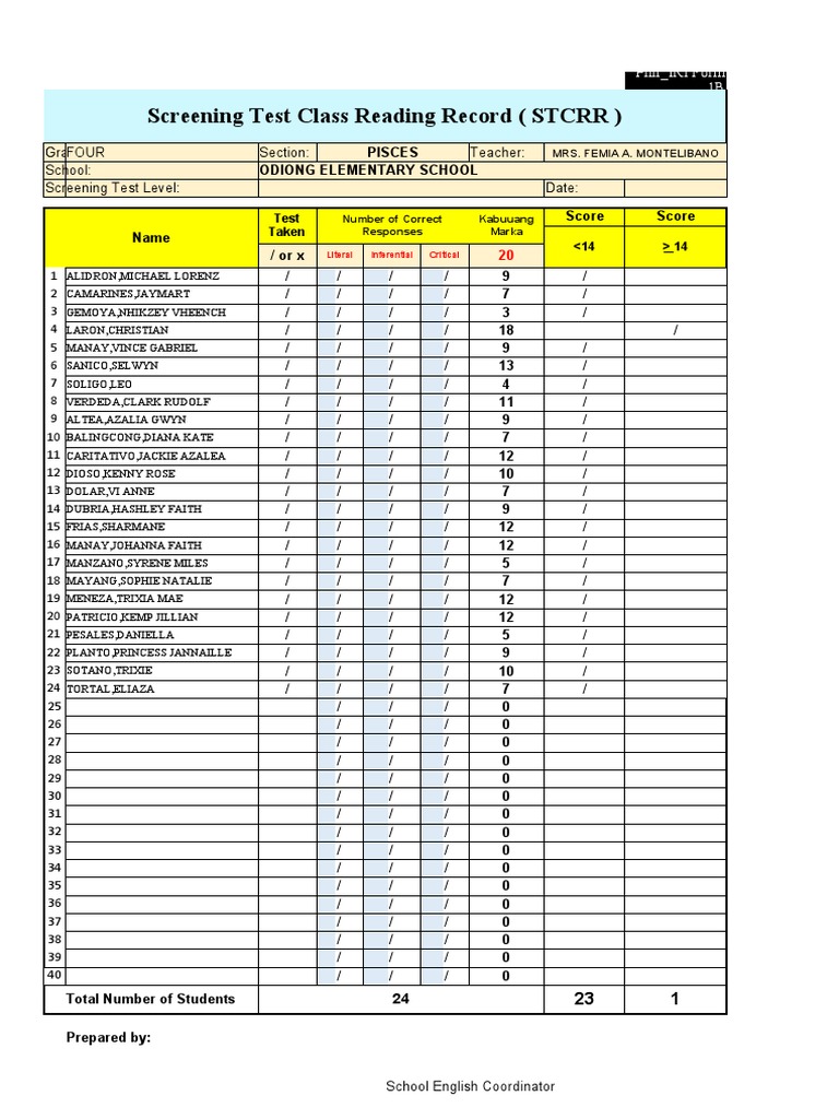 Class Reading Record for Screening Test | PDF