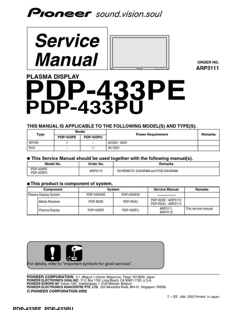 Pioneer PDP 433PE | Power Supply | Alternating Current