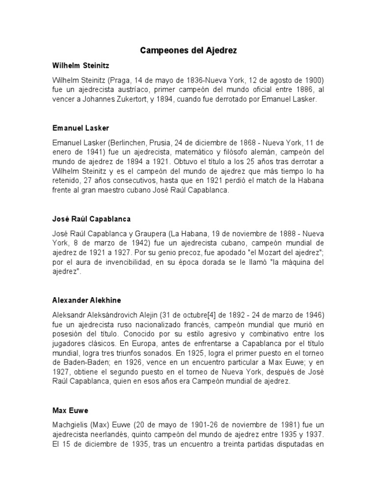 Campeones Del Ajedrez | PDF | Campeonato mundial de ajedrez | Campeones ...
