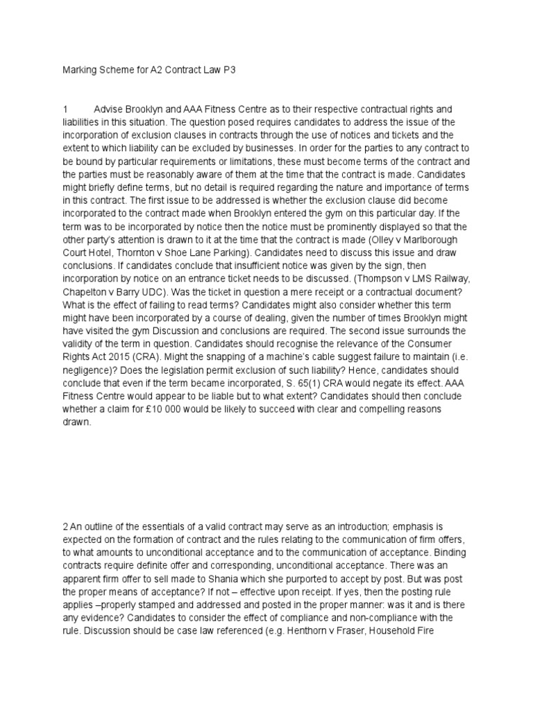 A2 Contract Law P3 Marking Scheme Guide | PDF | Damages | Legal Liability