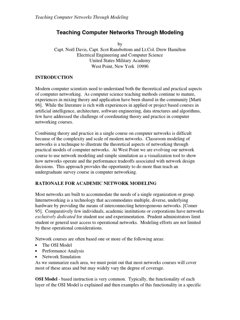 Davis, Ransbottom I Hamilton Teaching Computer Networks Through Modeling (1998) PDF