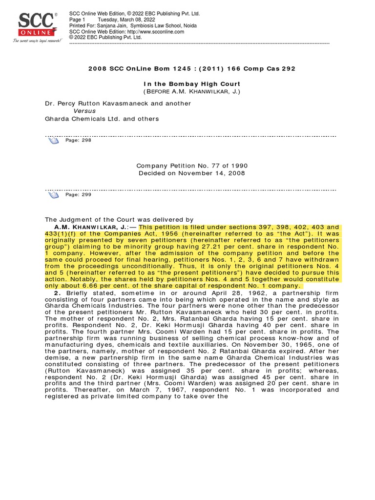 Percy Rutton Kavasmaneck (DR.) v. Gharda Chemicals LTD., 2008 SCC