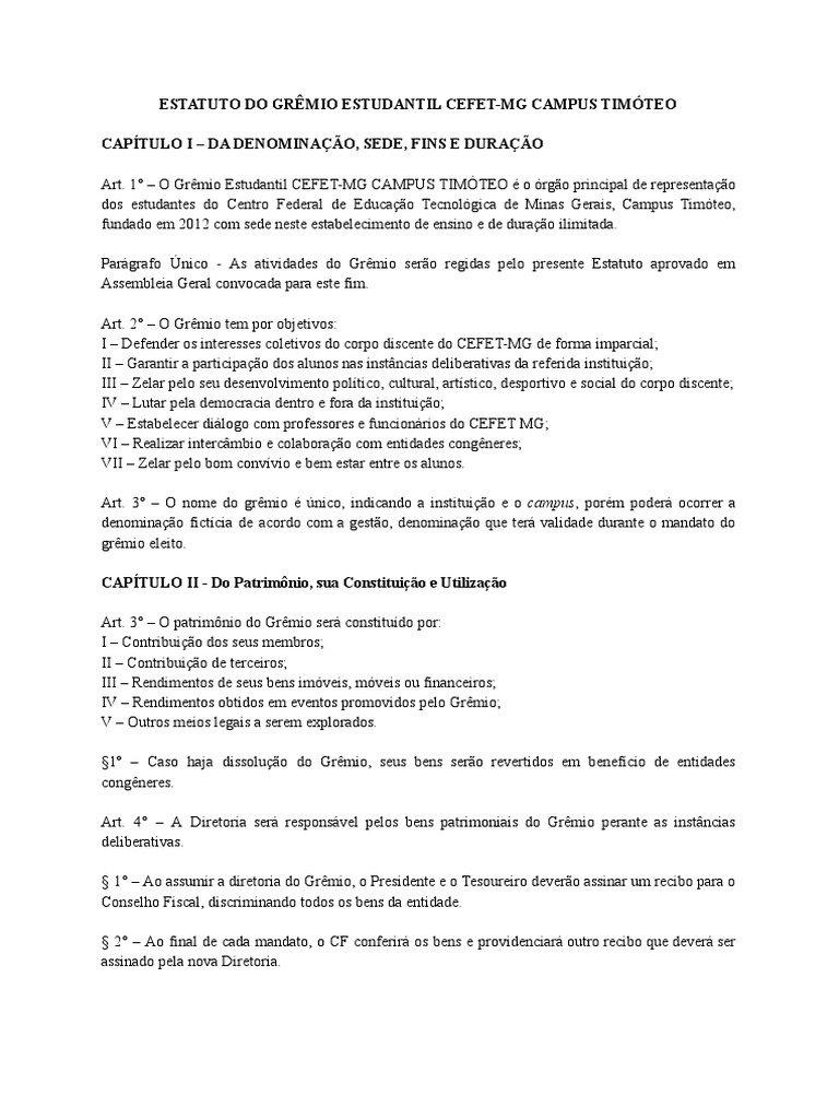 Estatuto do Grêmio Estudantil CEFET-MG | PDF | Governo