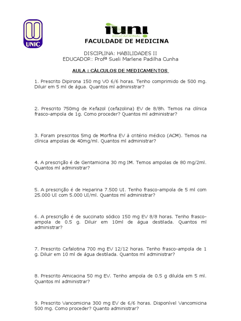 Exercícios de Cálculo de Medicamentos | PDF | Farmacologia | Compostos ...