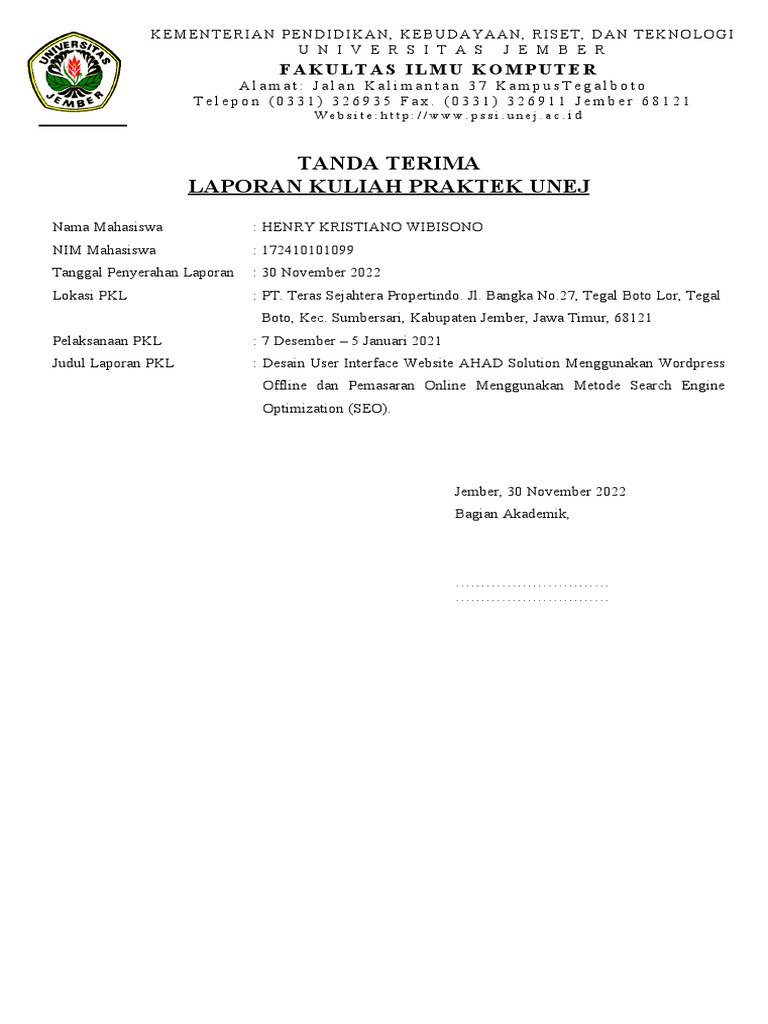 Tanda Terima Laporan PKL MBKM | PDF
