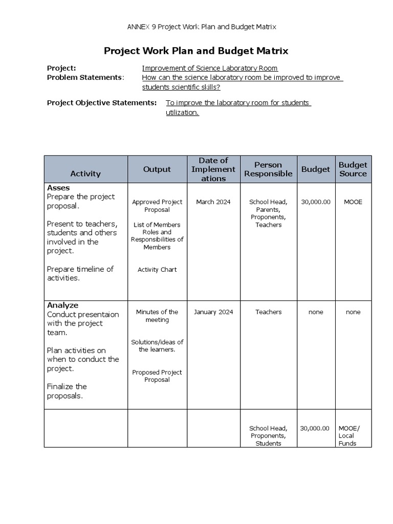 Project Work Plan and Budget Matrix | PDF | Cognitive Science ...
