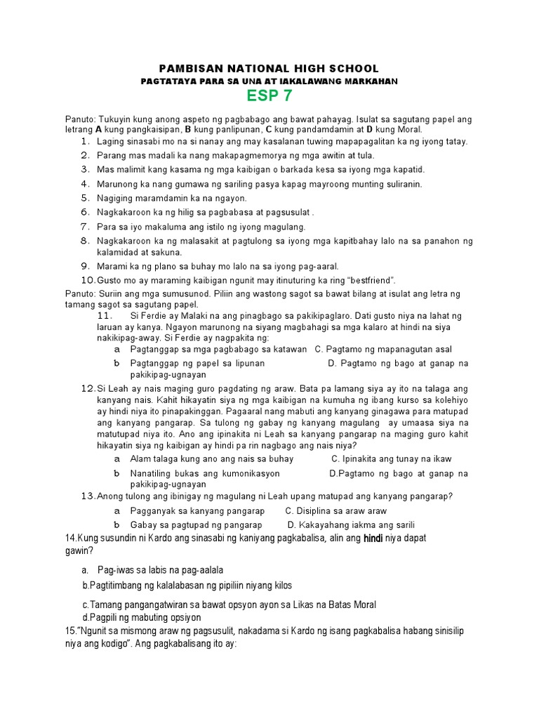 Assessment ESP Q1 and Q2 | PDF