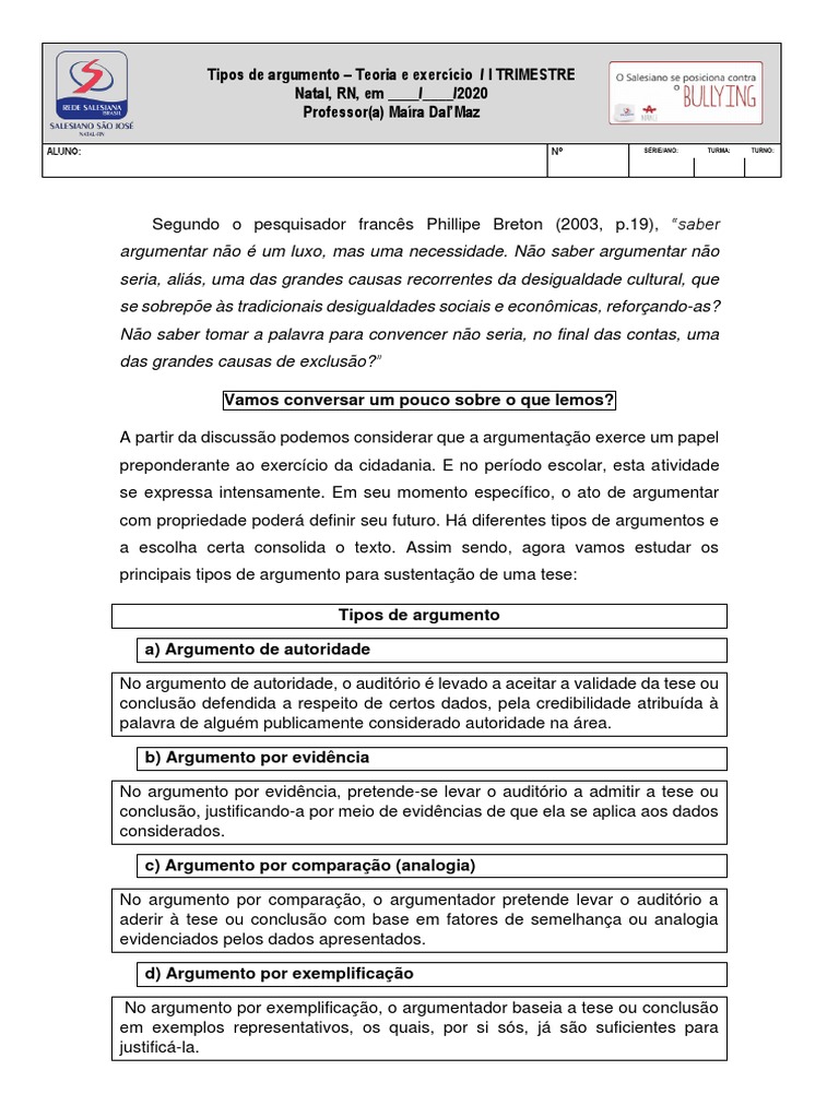 Tipos de Argumentos e Exercícios 9º Ano | PDF | Argumento | São Paulo