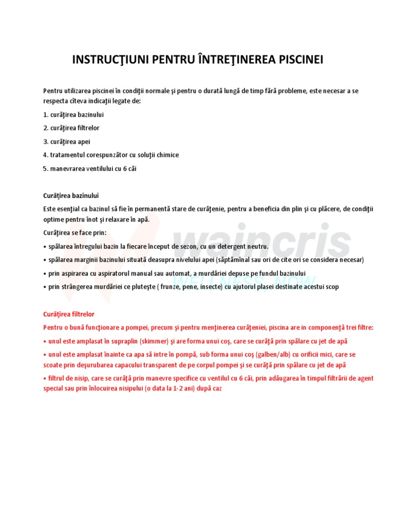 Instructiuni Manual Intretinere Piscine | PDF