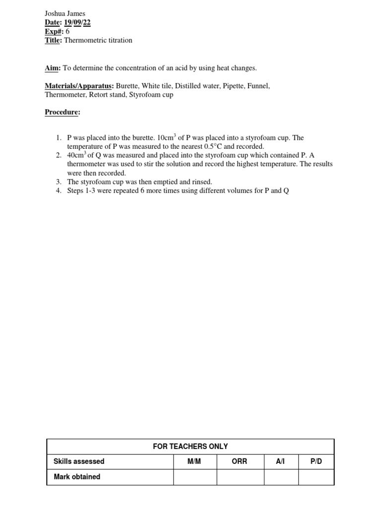 Chemistry Lab (Thermometric Titration) PDF Thermometer Temperature