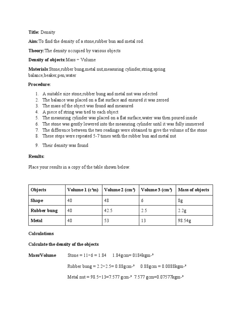 Najae Hall Density Lab PDF Density Volume