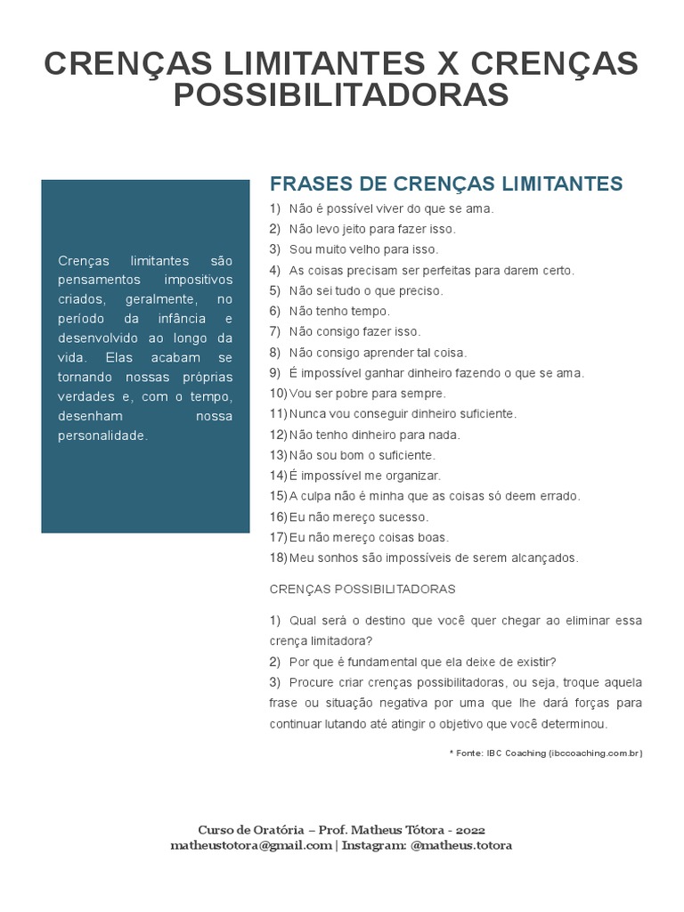 Crenças Limitantes e Possibilitadoras | PDF