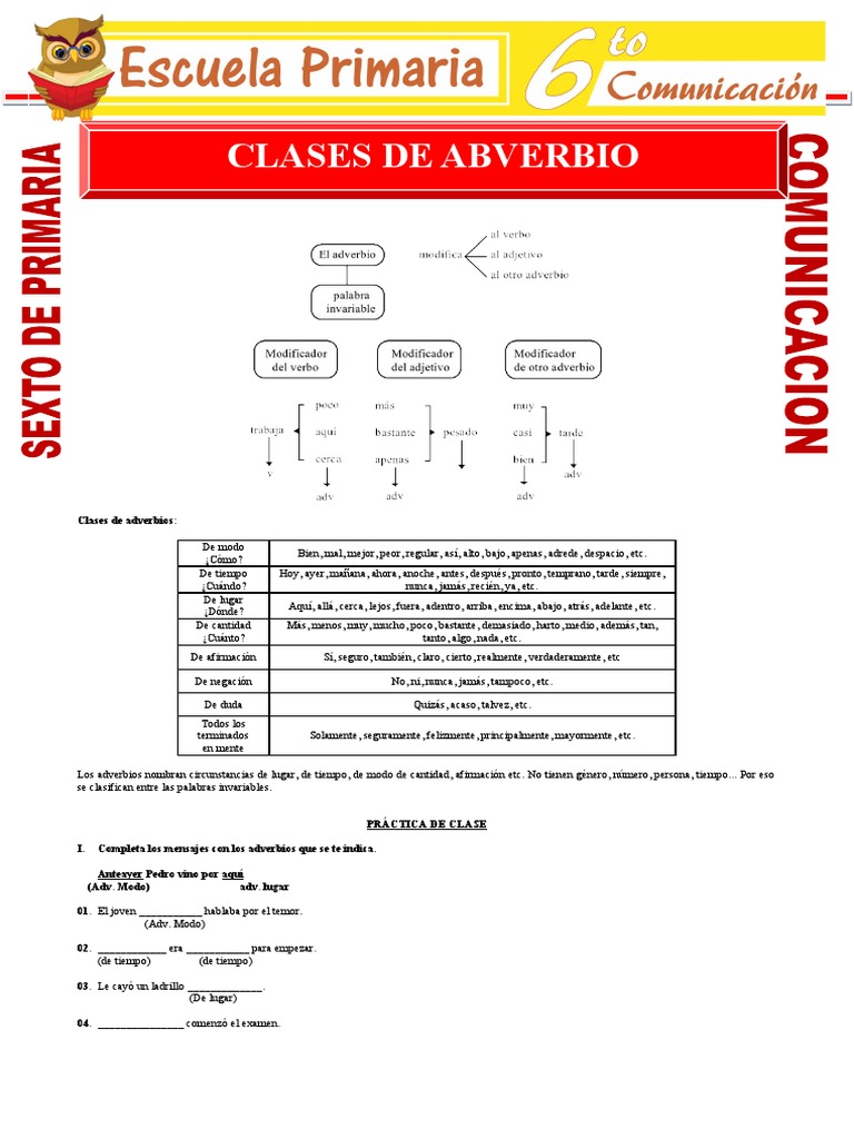 Clases de Adverbios para Sexto de Primaria | Descargar gratis PDF ...