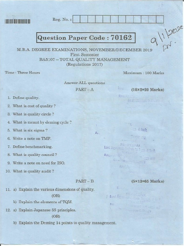 Anna University BA 5107-TOTAL QUALITY MANAGEMENT 1 | PDF