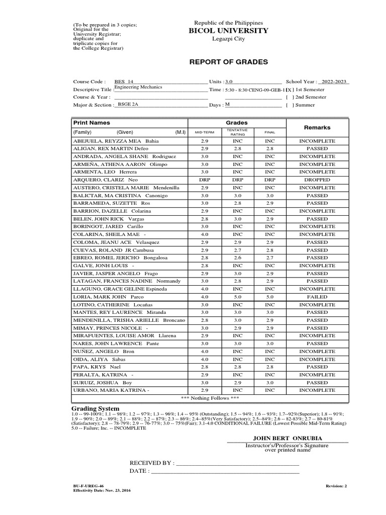 REport of Grades | PDF