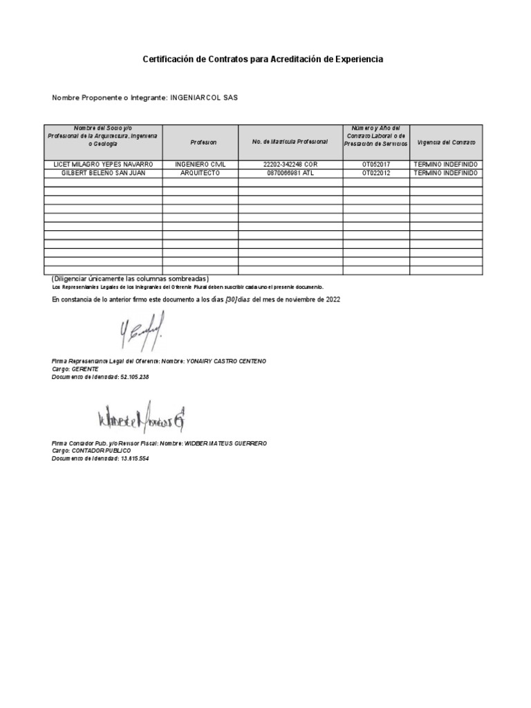 Certificaci n de contratos para acreditaci n de experiencia nombre