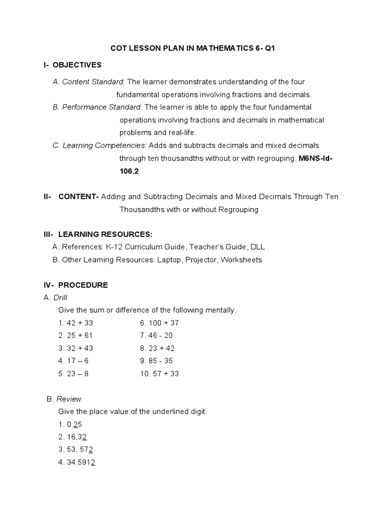 Grade 6 Math COT Lesson Plan Q1 | PDF | Lesson Plan | Learning