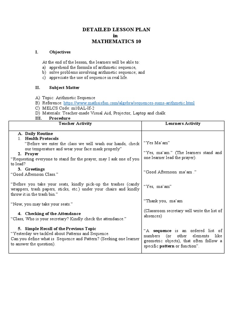 Detailed Lesson Plan | Download Free PDF | Learning | Sequence