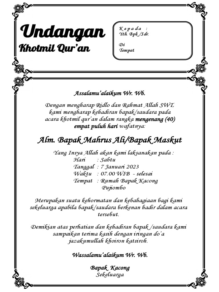 Undangan Khotmil Al-Qur'an untuk Mengenang 40 Hari Wafatnya Almarhum | PDF