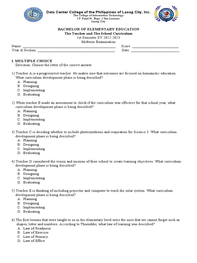Teacher and School Curriculum Midterm Exam | PDF | Curriculum | Teachers