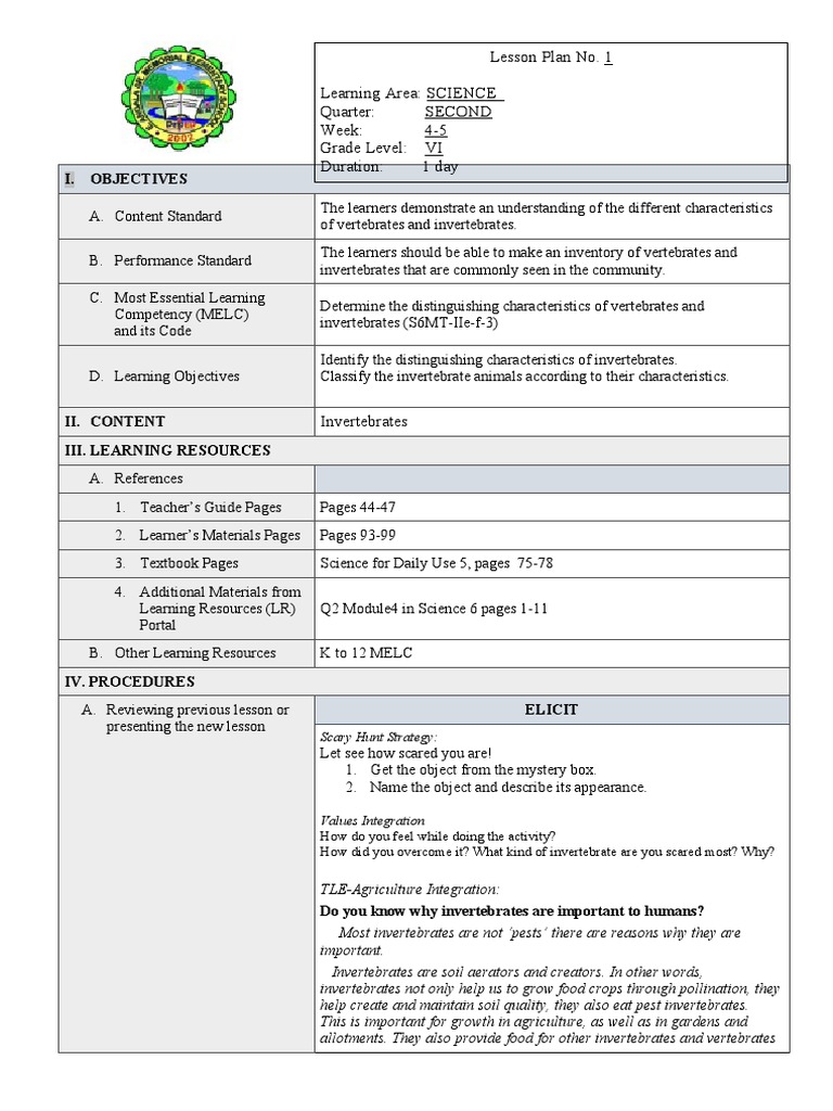 Grade 6 Science: Invertebrates Lesson Plan | PDF | Invertebrate | Learning