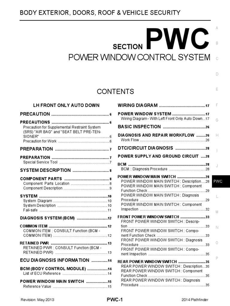 2014NissanPathfinder POWER WINDOW CONTROL SYSTEM PDF Airbag