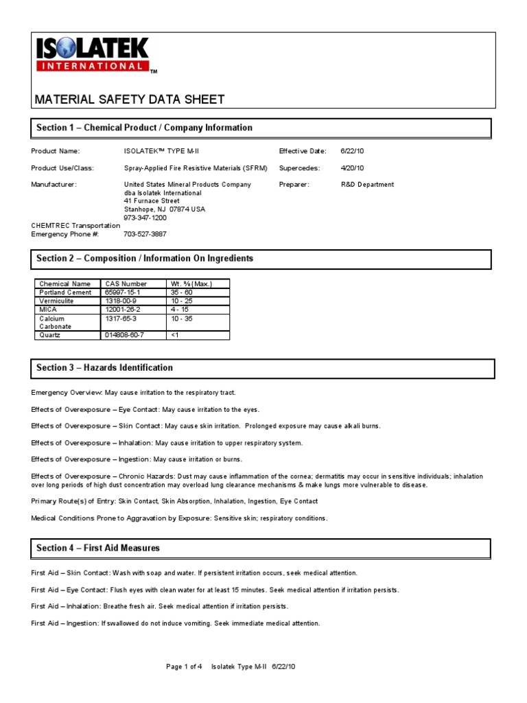 Isolatek Type M II Msds 221011 132626 | PDF | Dangerous Goods ...