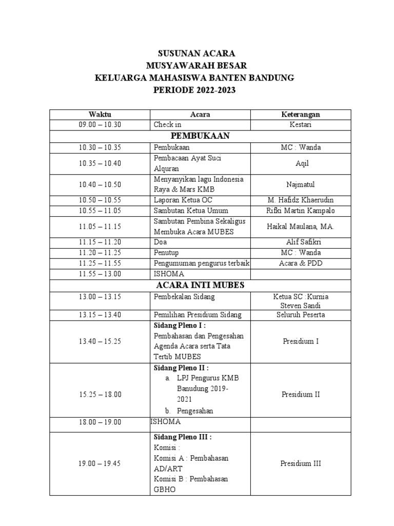 Susunan Acara MUBES KMB Banten 2023 | PDF