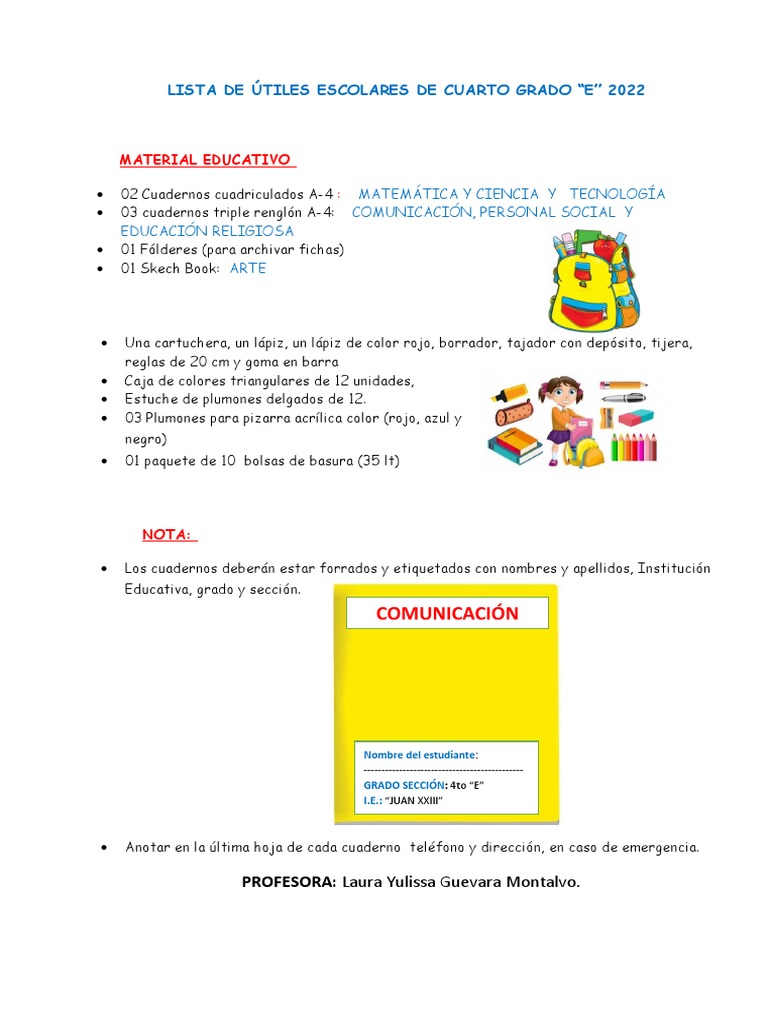 Lista de Útiles Escolares de Cuarto Grado e | PDF
