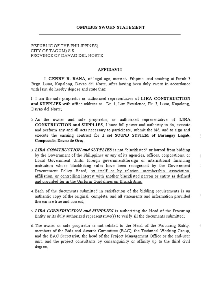 Omnibus sworn statement from lira construction and supplies regarding